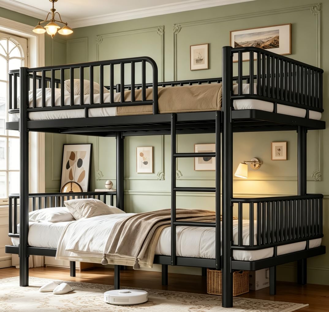 Bellemave Full Over Full Bunk Beds, Metal Bunk Bed with Ladder and Guardrail for Kids, Adults, Can be Split, White