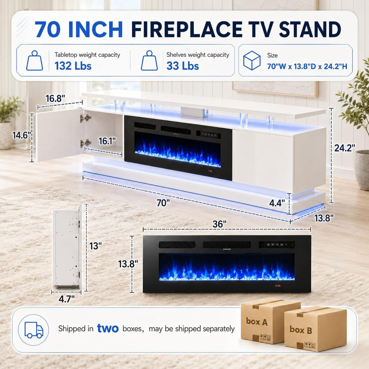 70" Fireplace TV Stand for TVs up to 80", White & Black