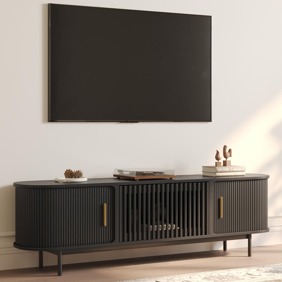 POVISON 118.11" Wood Fully-Assembled Sliding Tambour Door TV Stand, Black