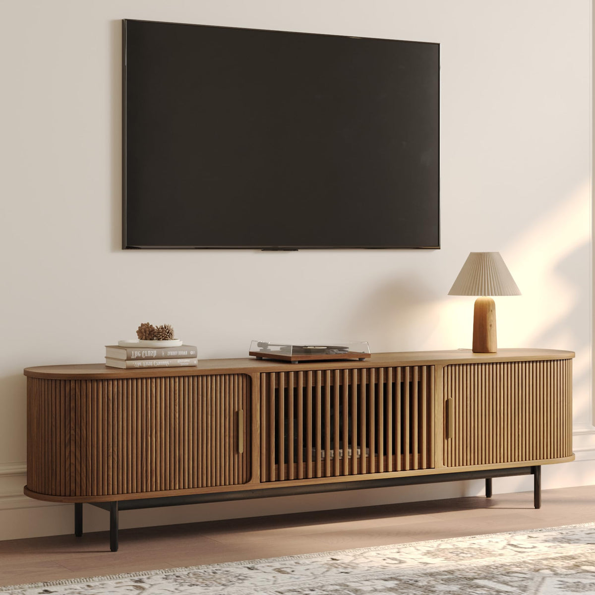 POVISON 94.49" Wood Fully-Assembled Sliding Tambour Door TV Stand, Black