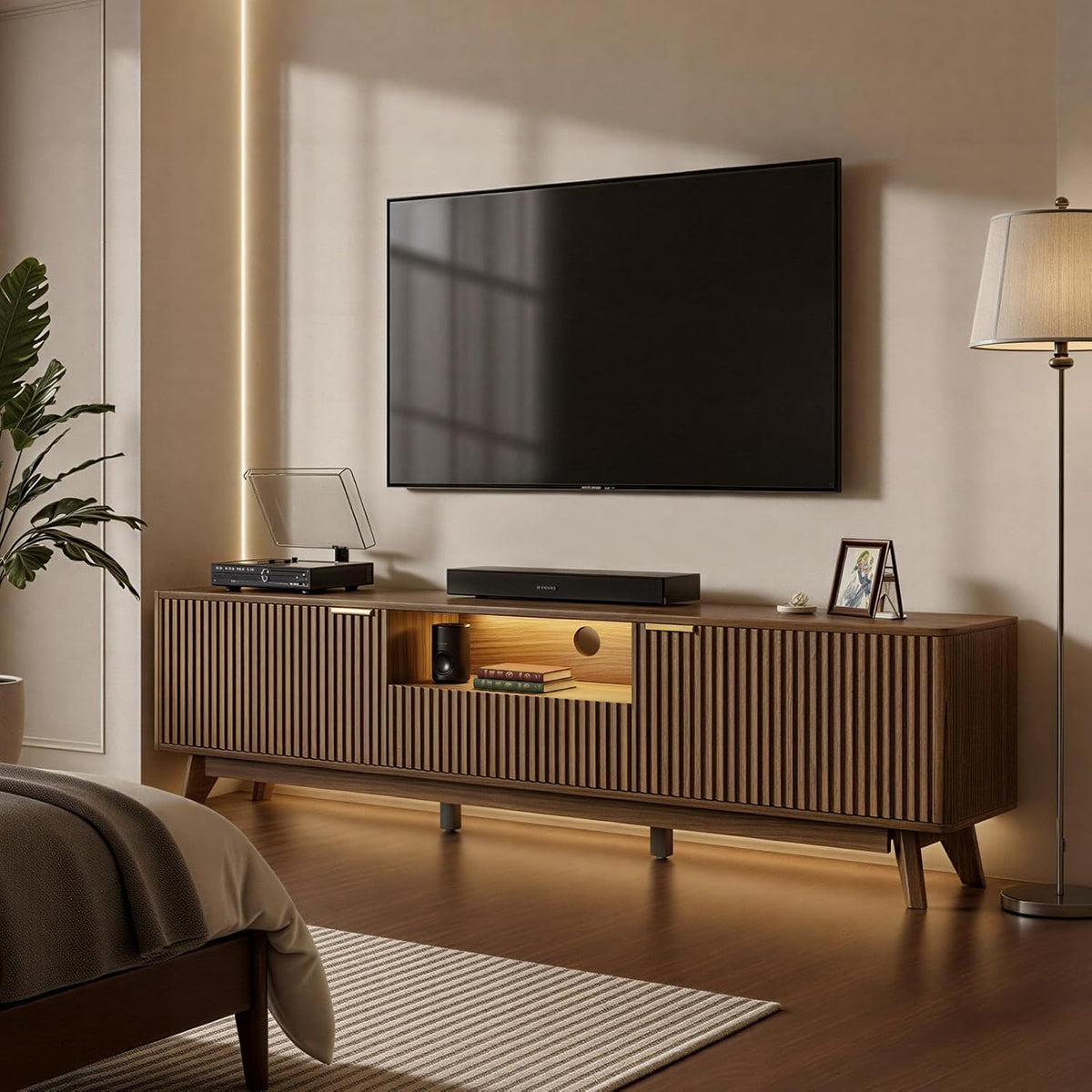 70 Inch Fluted TV Stand with Storage for Living Room, Walnut