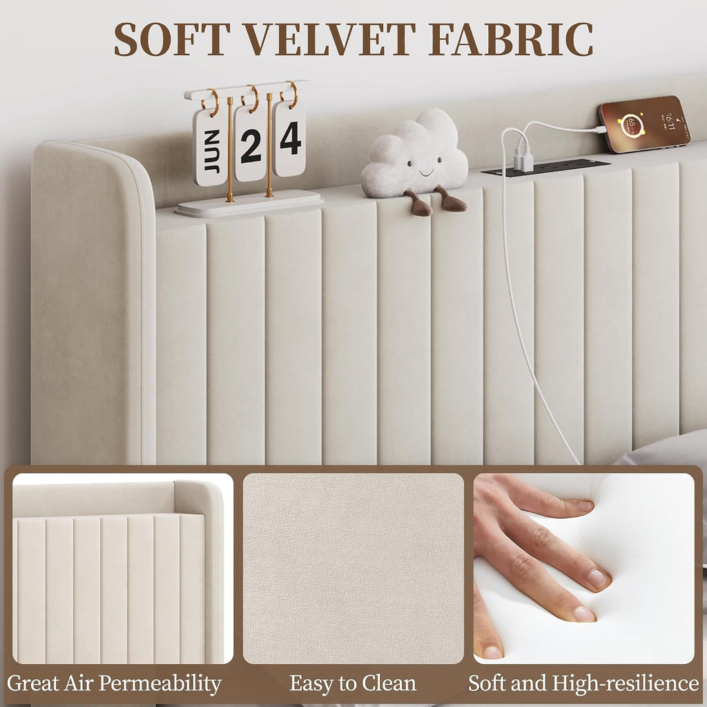 Yaheetech Queen Bed Frame with Channel-Tufted Storage Headboard, Cool Beige