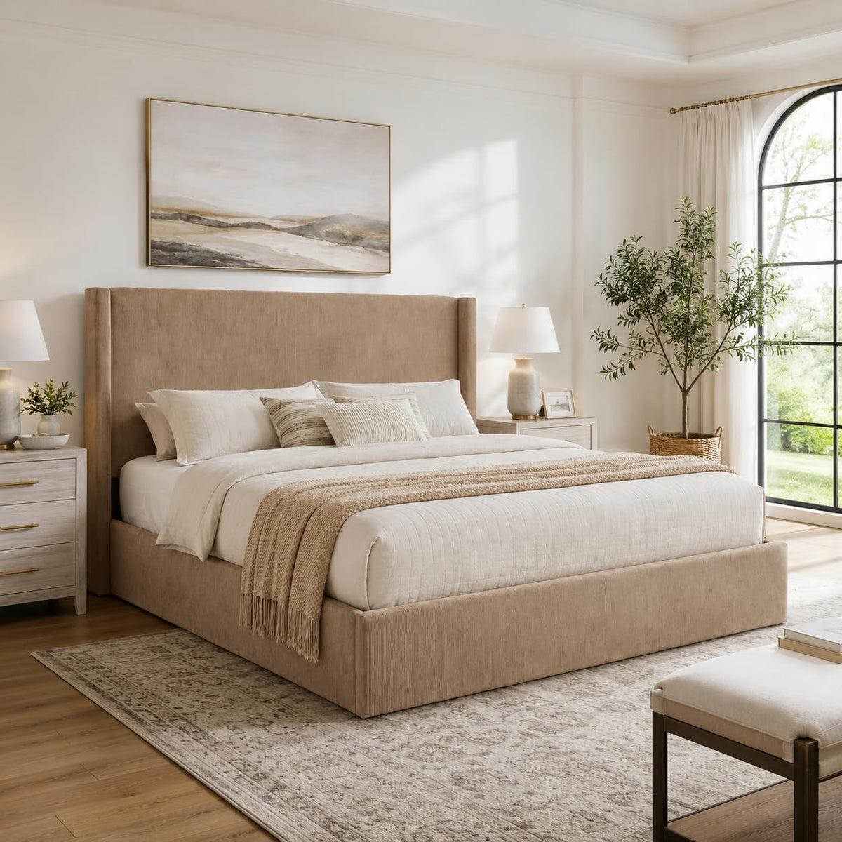 VELOCAVA California King Lift-Up Bed, Wingback Headboard, Corduroy Coffee
