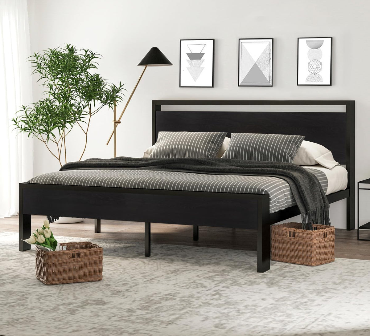 SHA CERLIN 14 Inch Queen Metal Platform Bed Frame with Wooden Headboard and Footboard, No Box Spring Needed, Large Under Bed Storage, Heavy Duty Slats Support, White Washed Oak