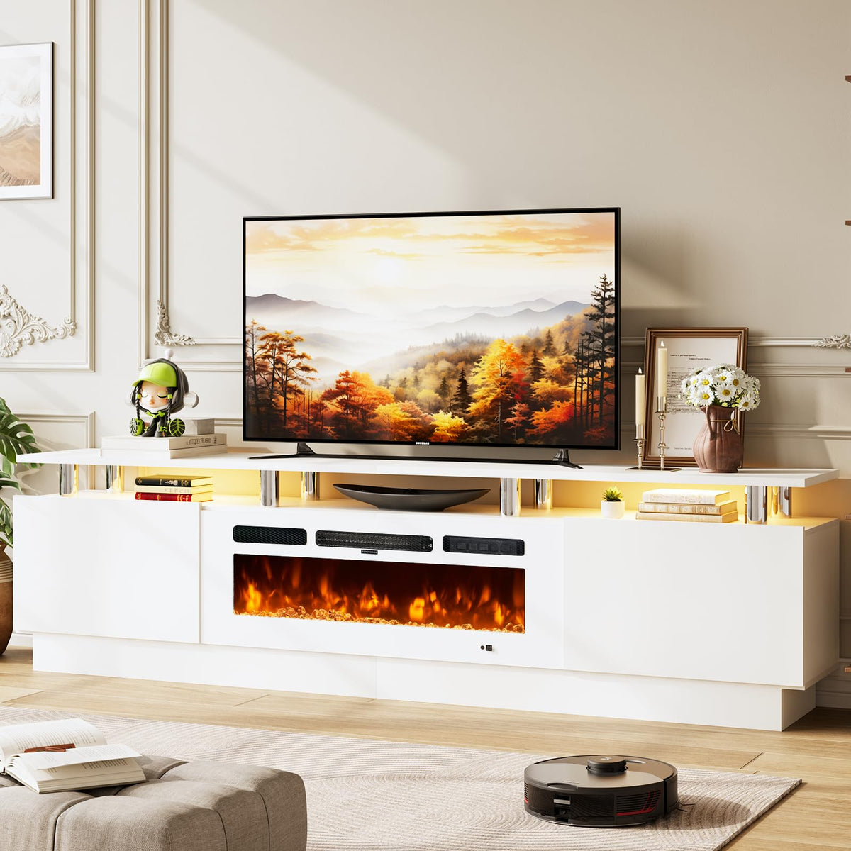70" TV Stand for Living Room, Modern Entertainment Center & Media Console, Fits TVs up to 80", Storage Cabinet with Shelves, 36" Electric Fireplace with LED Flame (All Black)