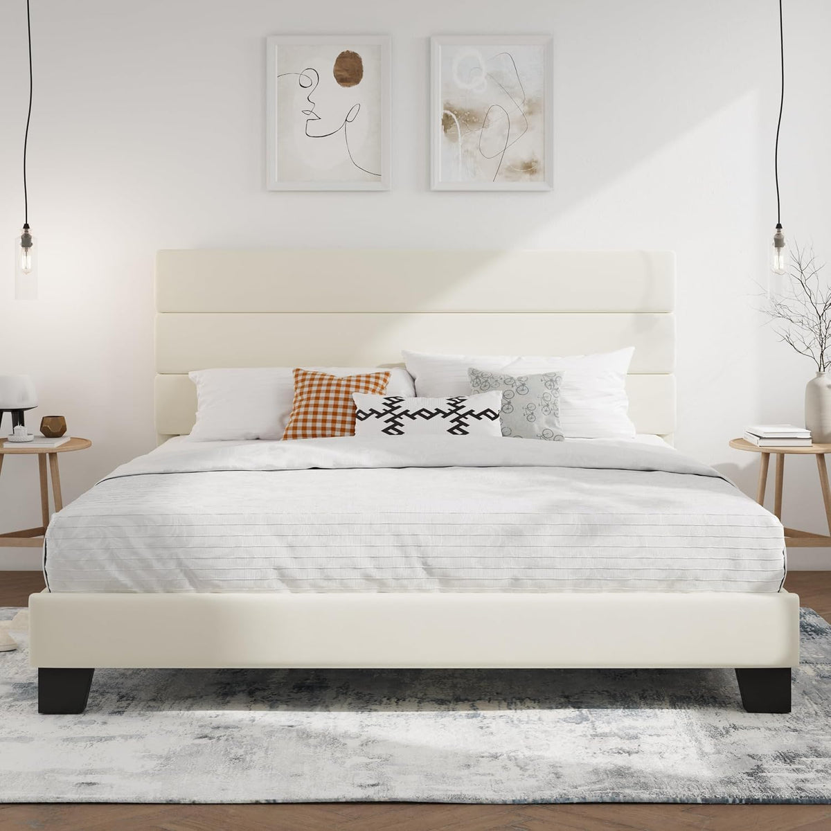SHA CERLIN Queen Platform Bed Frame with Upholstered Fabric Headboard,Beige