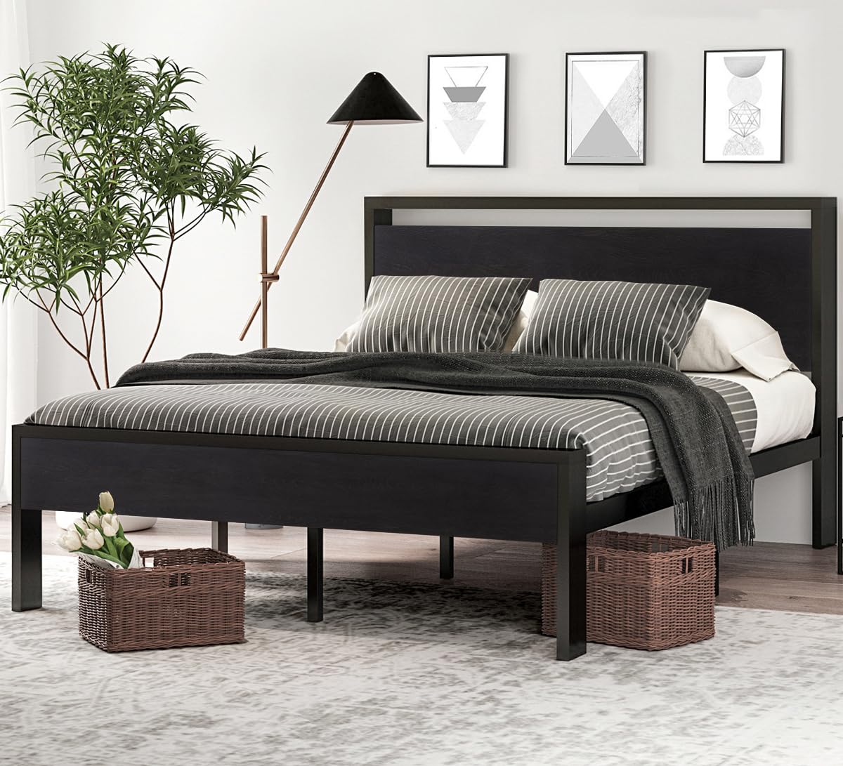 SHA CERLIN 14 Inch Full Size Metal Platform Bed Frame with Wooden Headboard and Footboard, Mattress Foundation, No Box Spring Needed, Large Under Bed Storage, Non-Slip Without Noise, Walnut