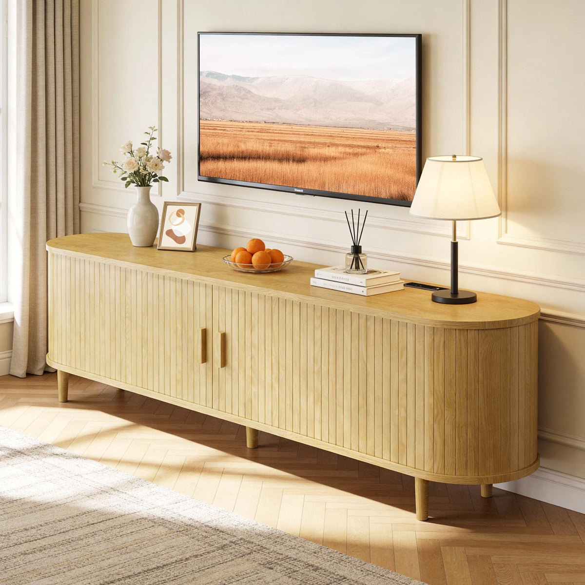 65" Mid Century Modern TV Stand with Power Outlet, Fluted Entertainment Center with Storage and Adjustable Shelves, Wood TV Console with Sliding Doors for Living Room, Walnut