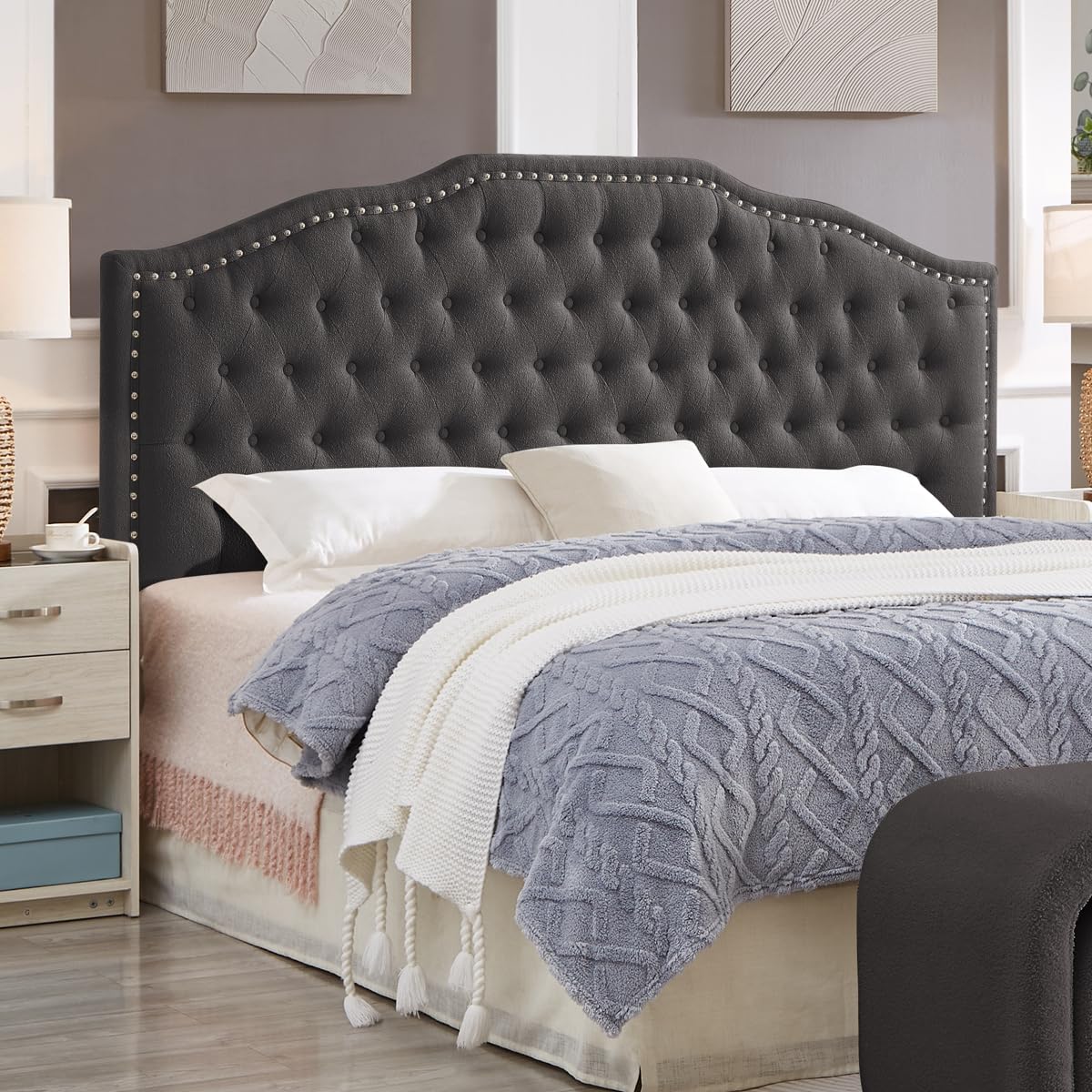 24KF Upholstered Button Tufted King Size Headboard with Nailhead Trim, Soft Velvet Fabric Headboard King/Cal King Size -Dark Gray