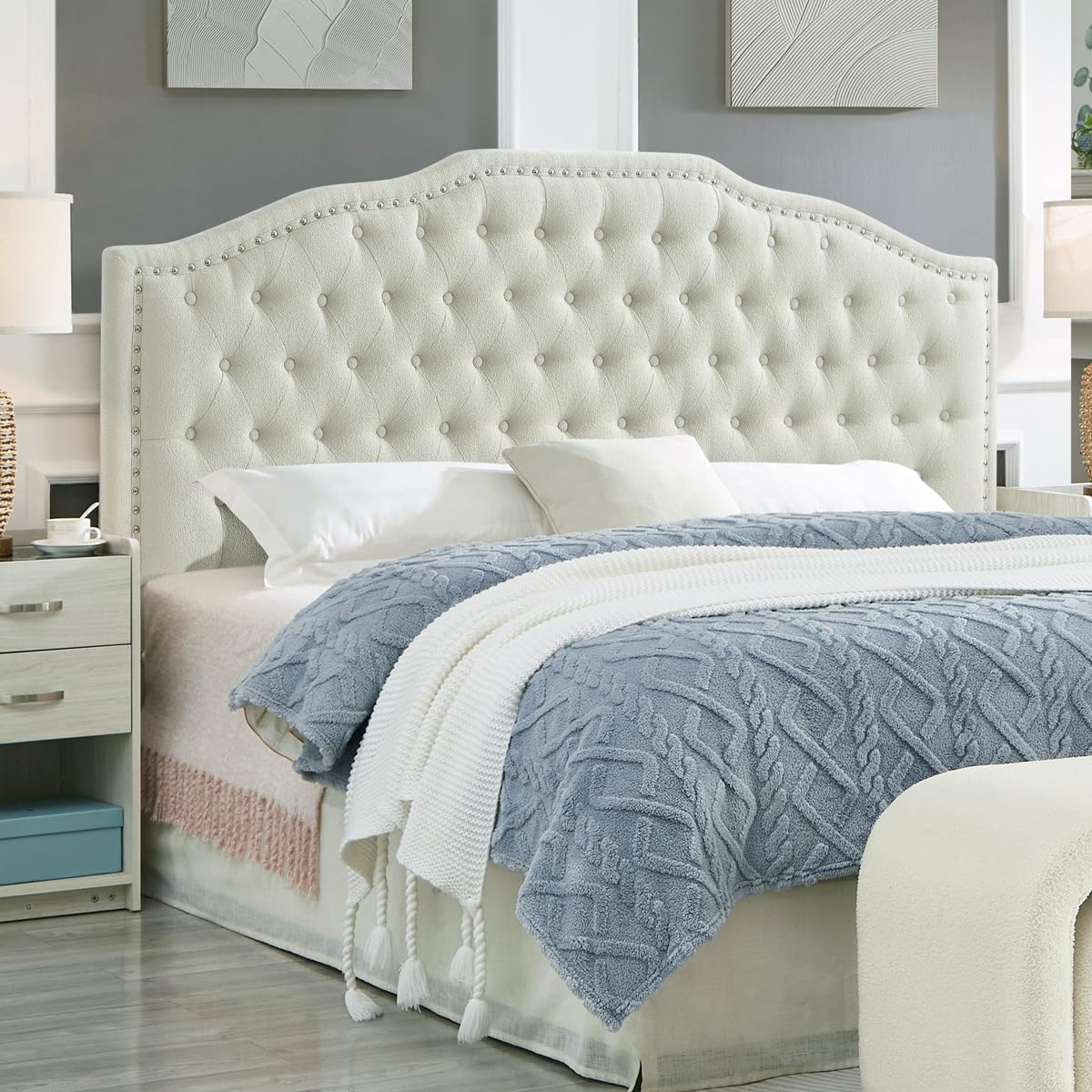 24KF Upholstered Button Tufted King Size Headboard with Nailhead Trim, Soft Velvet Fabric Headboard King/Cal King Size -Dark Gray