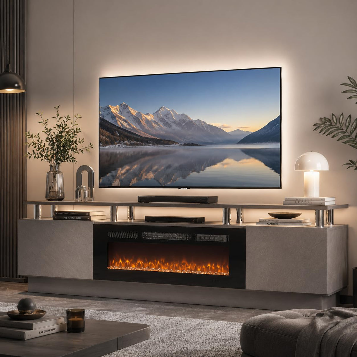 70" TV Stand for Living Room, Modern Entertainment Center & Media Console, Fits TVs up to 80", Storage Cabinet with Shelves, 36" Electric Fireplace with LED Flame (All Black)