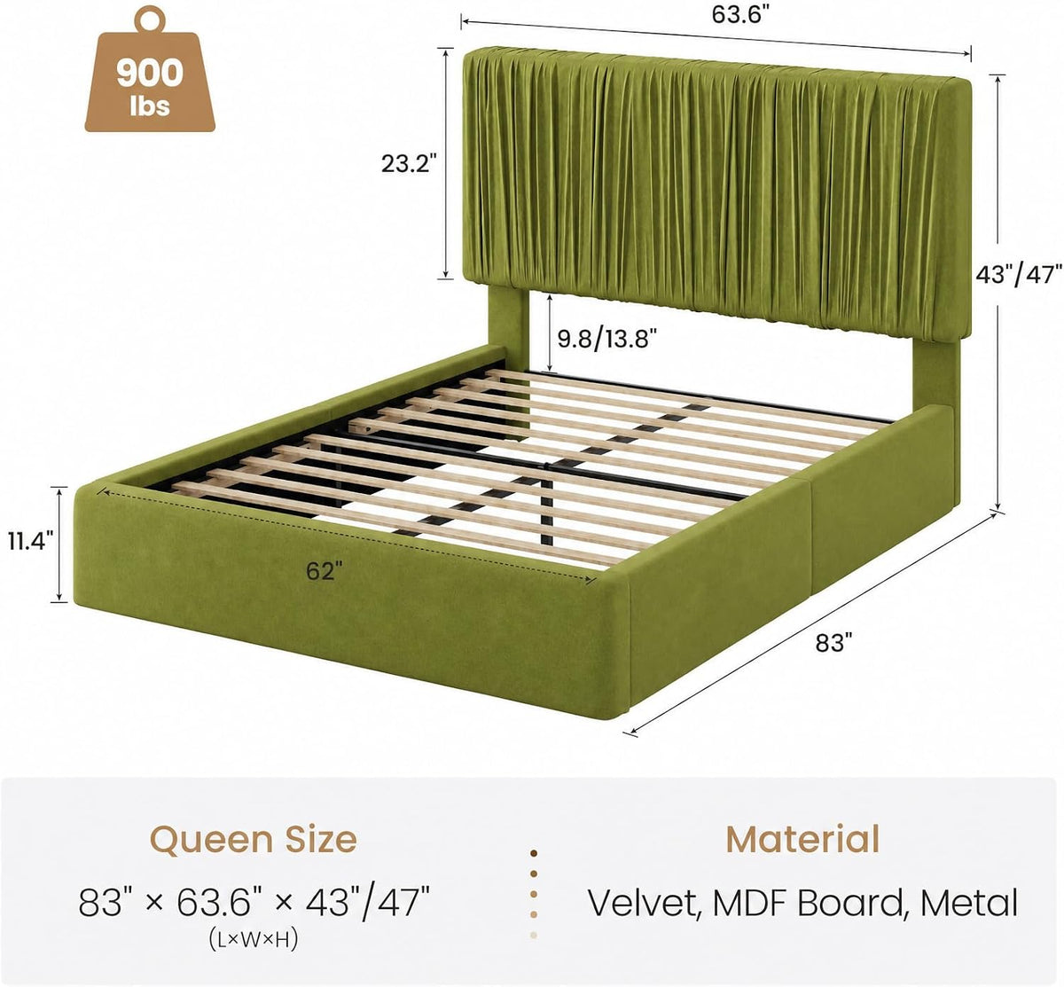 SHA CERLIN Queen Size Artisanal Pleated Velvet Bed Frame with Adjustable Headboard, Luxurious Upholstered Floor Platform Bed, Modern Low Profile Frame, Green