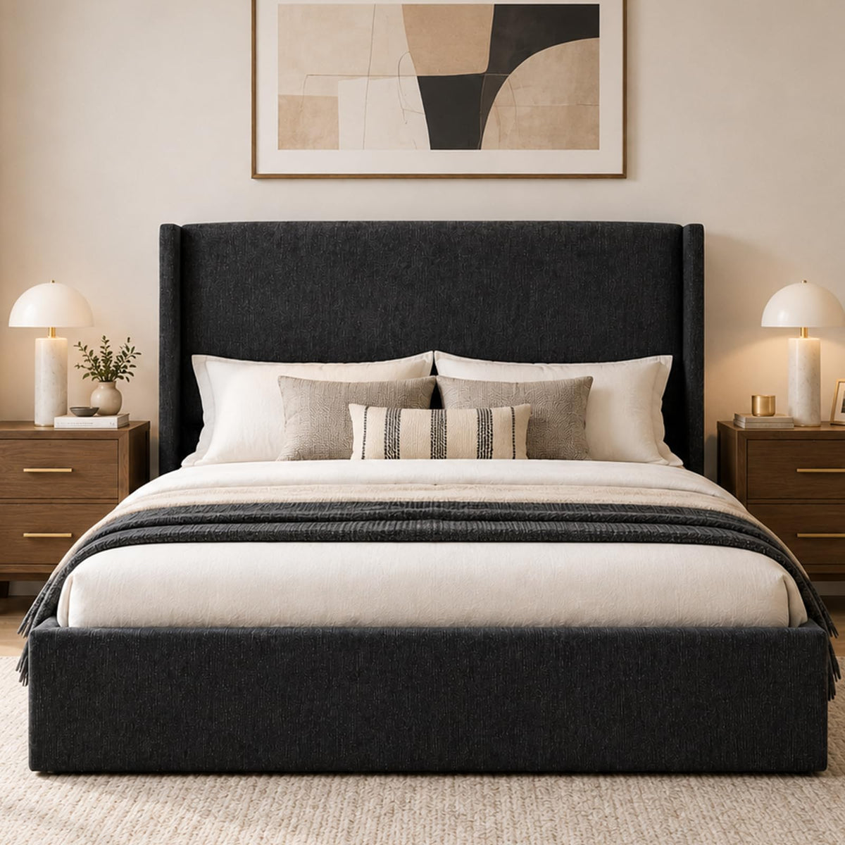 VELOCAVA California King Lift-Up Bed, Wingback Headboard, Corduroy Coffee