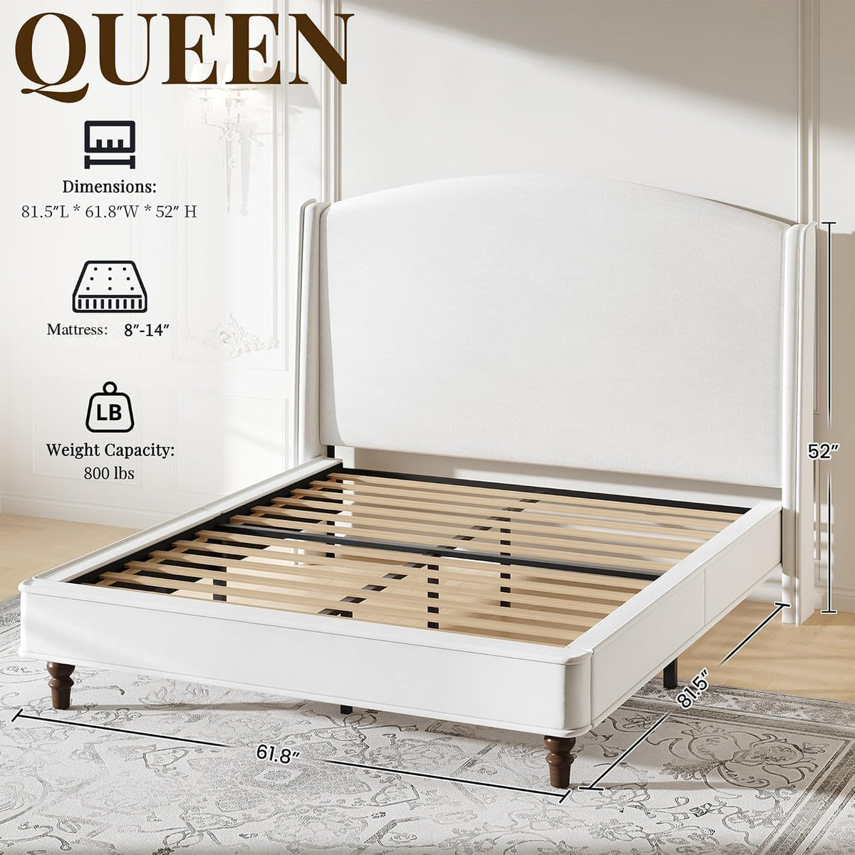 BarnFurin Queen Bed Frame, 52" Elegant Wingback Headboard, Beige