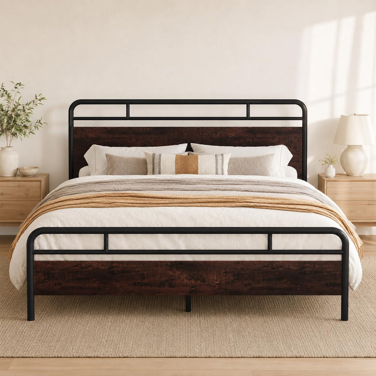 Allewie Queen Size Industrial Bed Frame with Wood Panels, Walnut