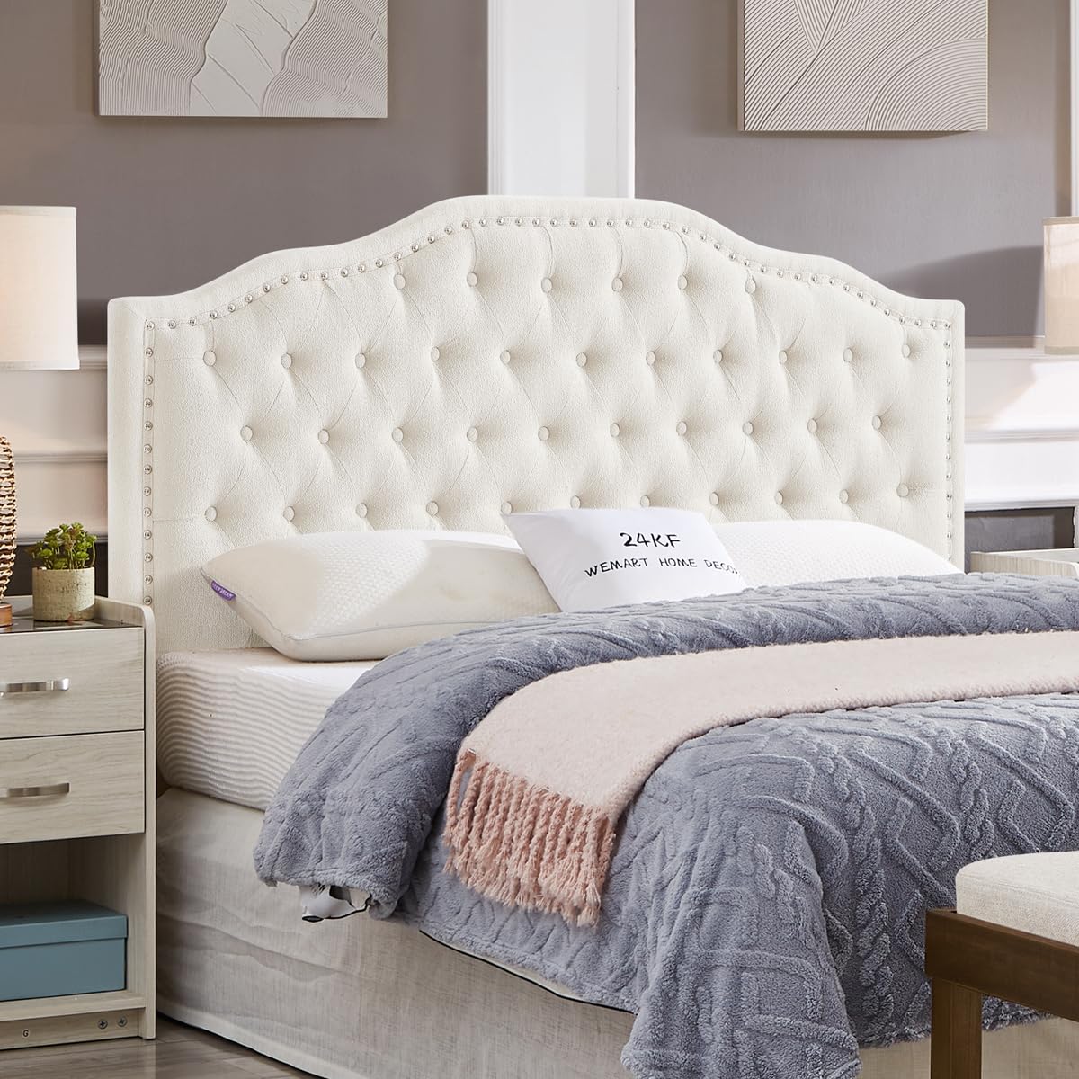 24KF Upholstered Button Tufted King Size Headboard with Nailhead Trim, Soft Velvet Fabric Headboard King/Cal King Size -Dark Gray