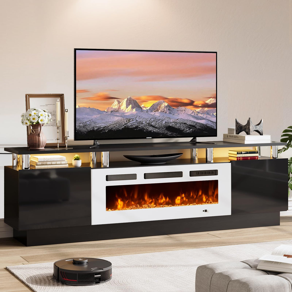 70" TV Stand for Living Room, Modern Entertainment Center & Media Console, Fits TVs up to 80", Storage Cabinet with Shelves, 36" Electric Fireplace with LED Flame (All Black)