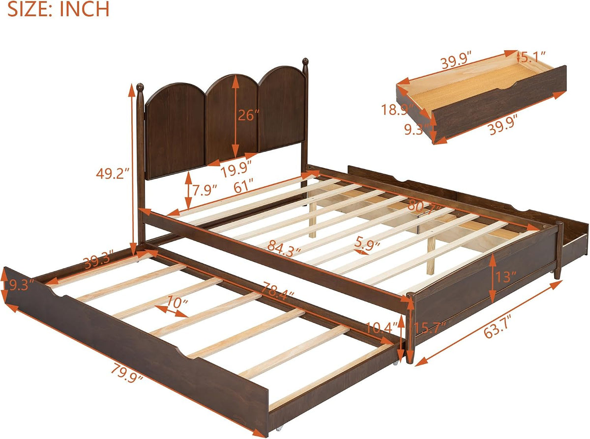 Merax Queen Size Platform Bed with 2 Storage Drawers and Twin XL Size Trundle, Rustic Design Wooden Bed Frame, Walnut