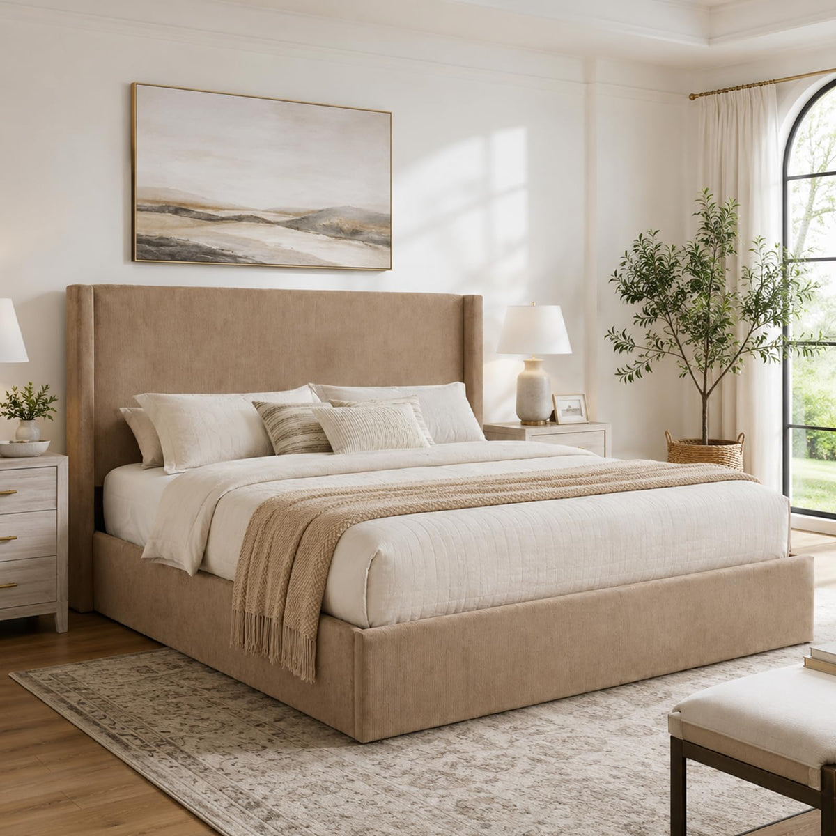 VELOCAVA California King Lift-Up Bed, Wingback Headboard, Corduroy Coffee