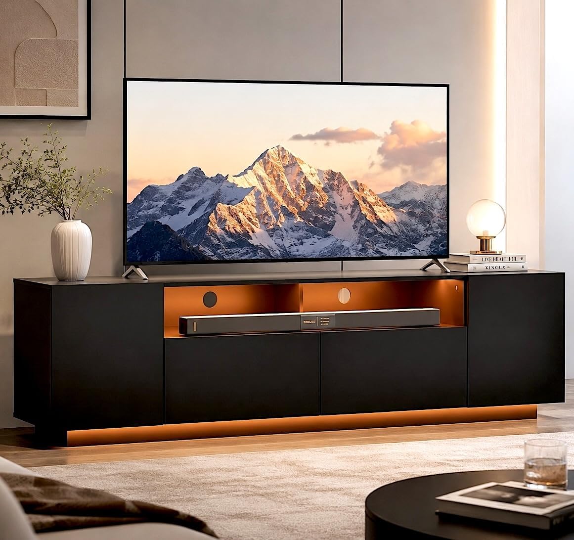 WLIVE LED TV Stand for 65/70/75 Inch TVs, Modern Entertainment Center with Storage Cabinets and Drawer, Gaming Media TV Console with RGB Lights for Living Room, Black