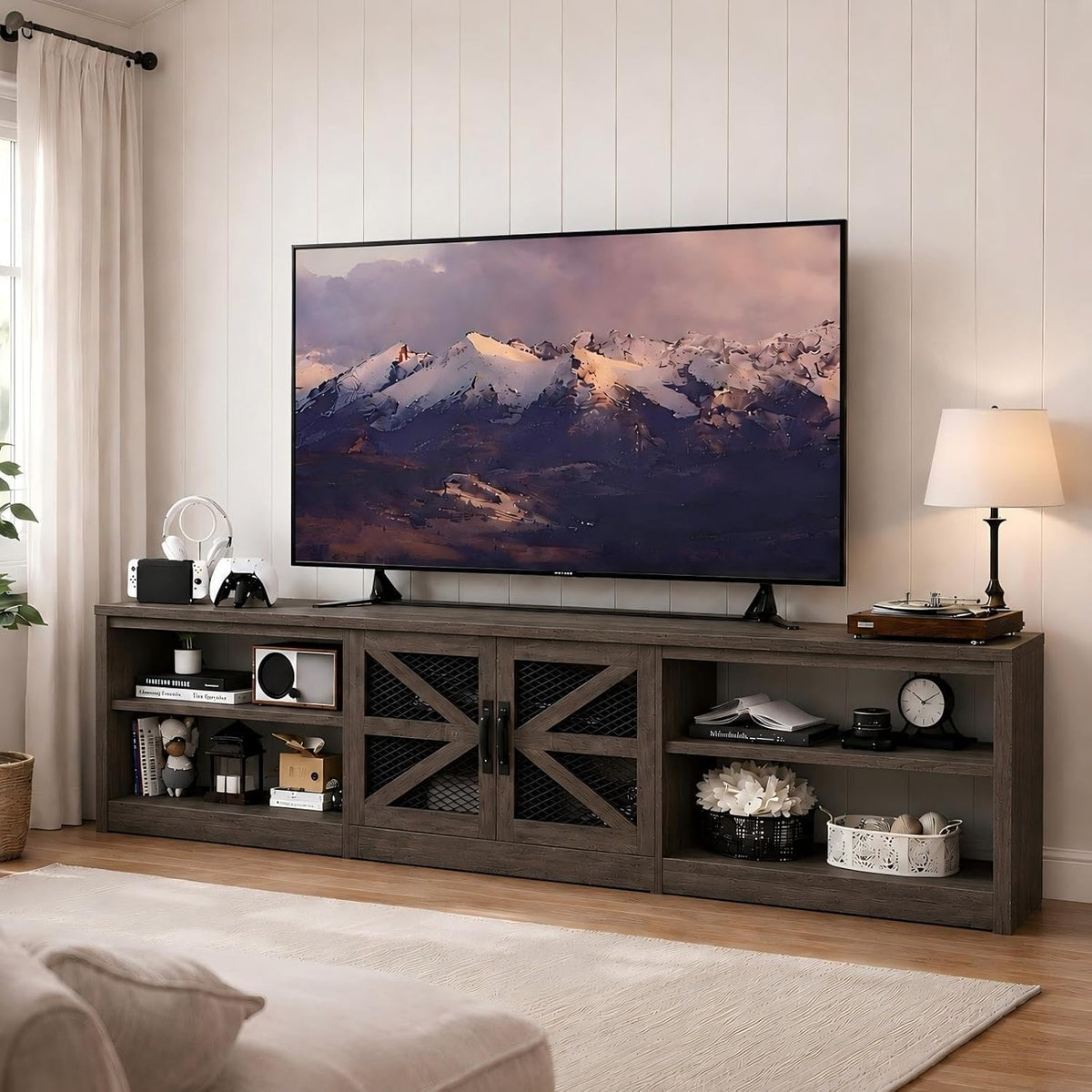 78.7" Farmhouse TV Stand for 85" TV with RGB LED Lights, Rustic Brown