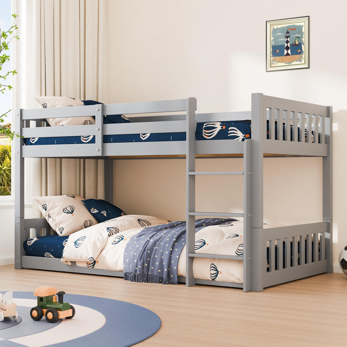 JOYMOR Solid Wood Low Twin Over Twin Bunk Bed for Kids/Junior, Bunk Bed Frame with Guardrails & Ladder for Boys Girls, No Box Spring Needed (White)