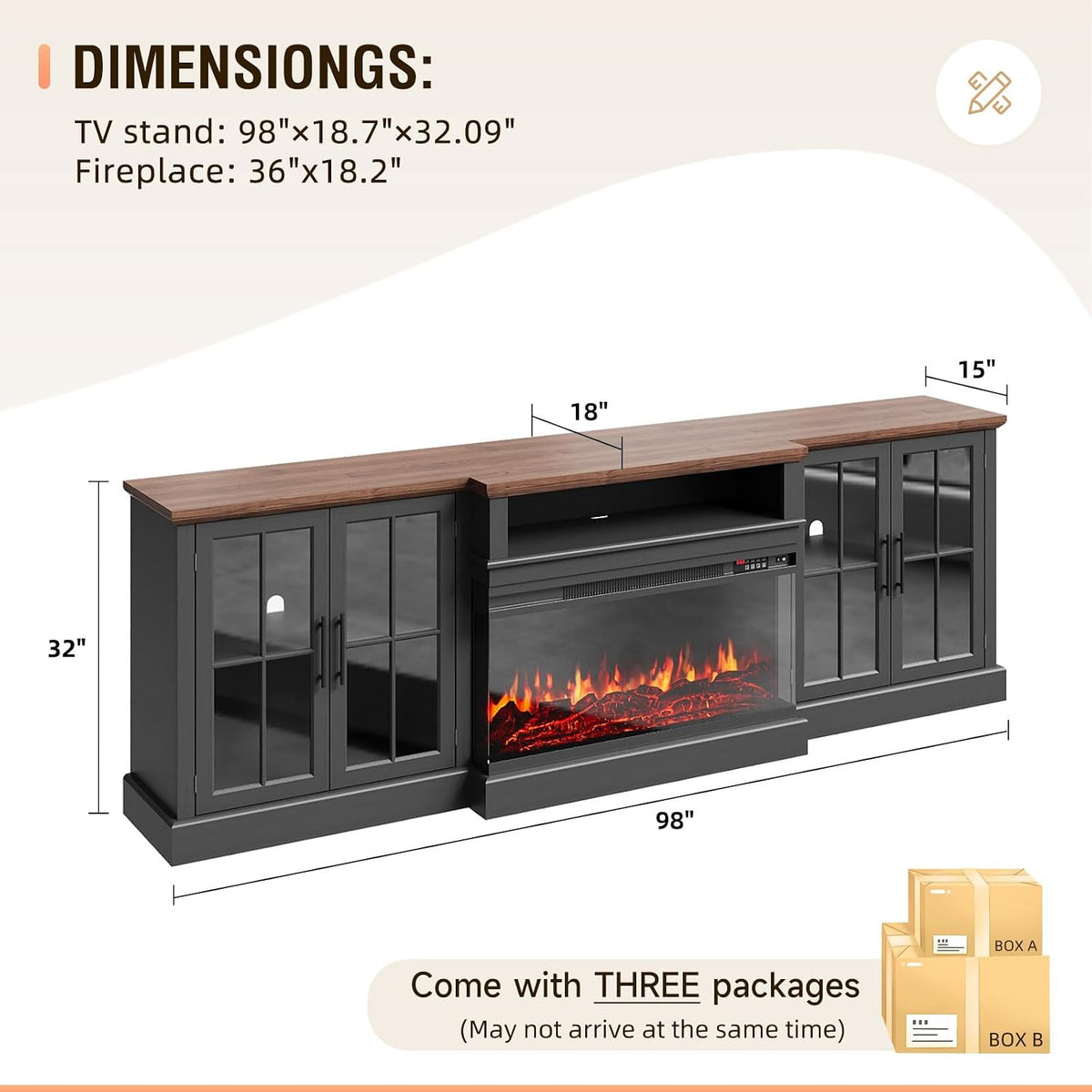 98" Farmhouse TV Stand with 36" Fireplace, Black & Black