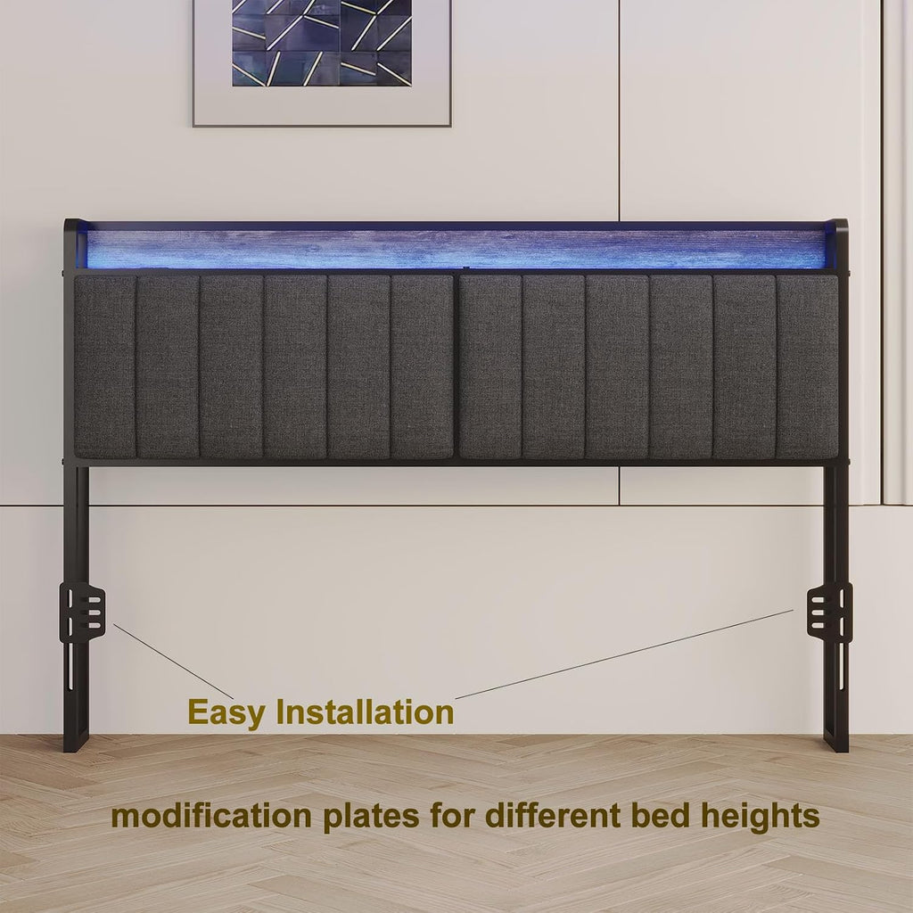 King Headboard Only with Storage & Outlets,Bed Headboard King Size,Gray