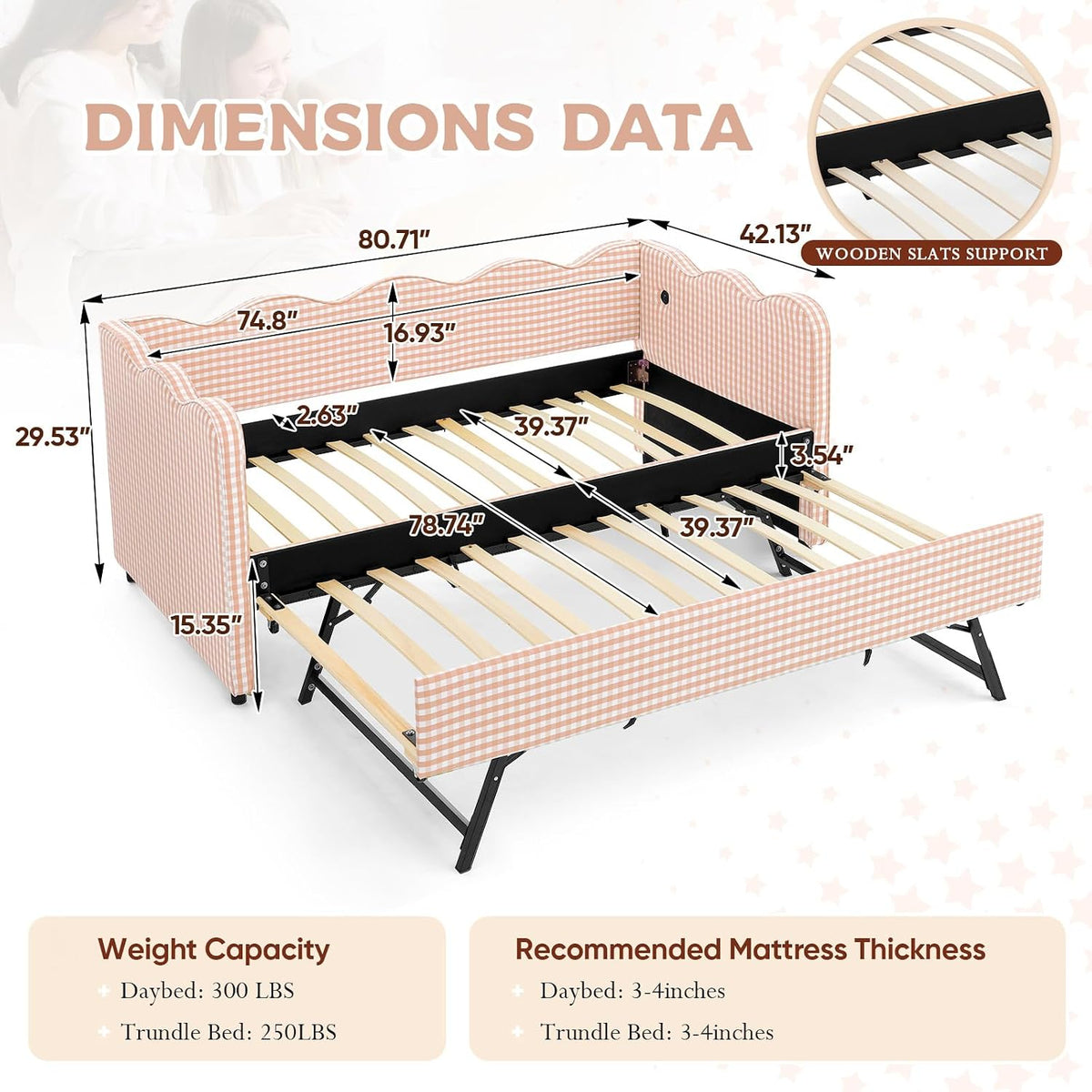 Twin Size Daybed with Pop Up Trundle, Linen Gingham Twin to King Daybed with USB Ports, Upholstered Day Bed Frame, Modern Sofa Bed for Living Room/Bedroom/Guest Room, No Box Spring Needed, Pink