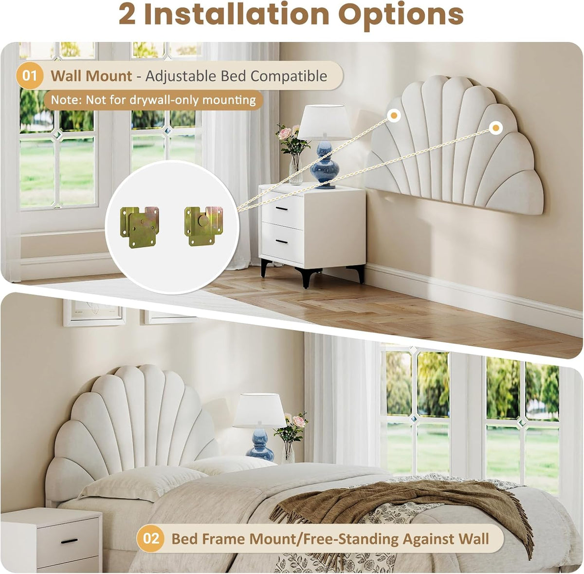 Befurtori Queen Size Headboard Only, Velvet Petal Wall Mounted, Cream