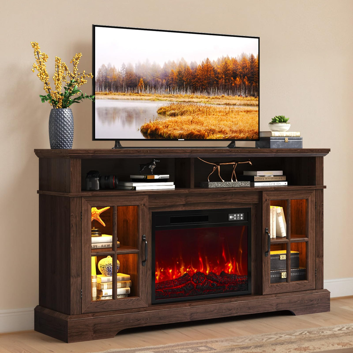 70" TV Stand with Electric Fireplace, Modern Entertainment Center for TVs Up to 80 Inches, Media Console with Storage Cabinets & Doors, Farmhouse Style for Living Room, Black