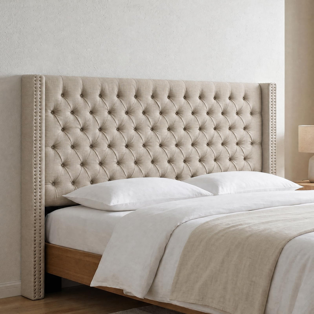 Madison Park Amelia Upholstered Headboard | Nail Head Trim Wingback Button Tufted | Queen, Cream