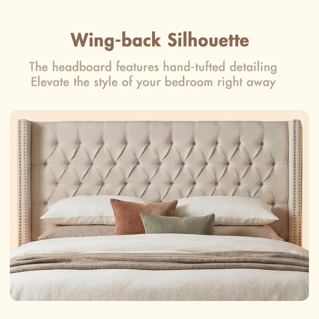Madison Park Amelia Upholstered Headboard | Nail Head Trim Wingback Button Tufted | Queen, Cream