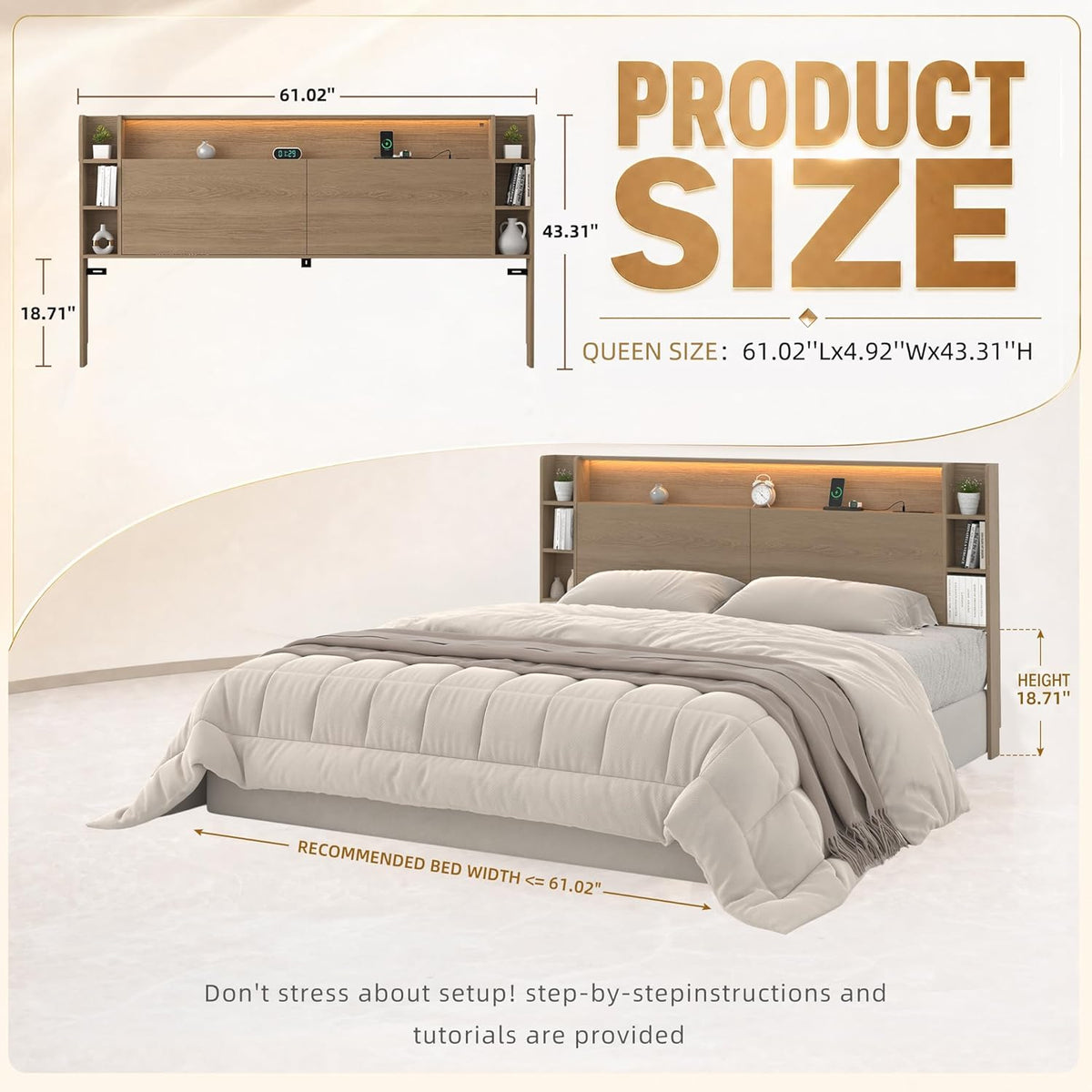 Queen Wall Mount Solid Wood Leg Headboard with Storage