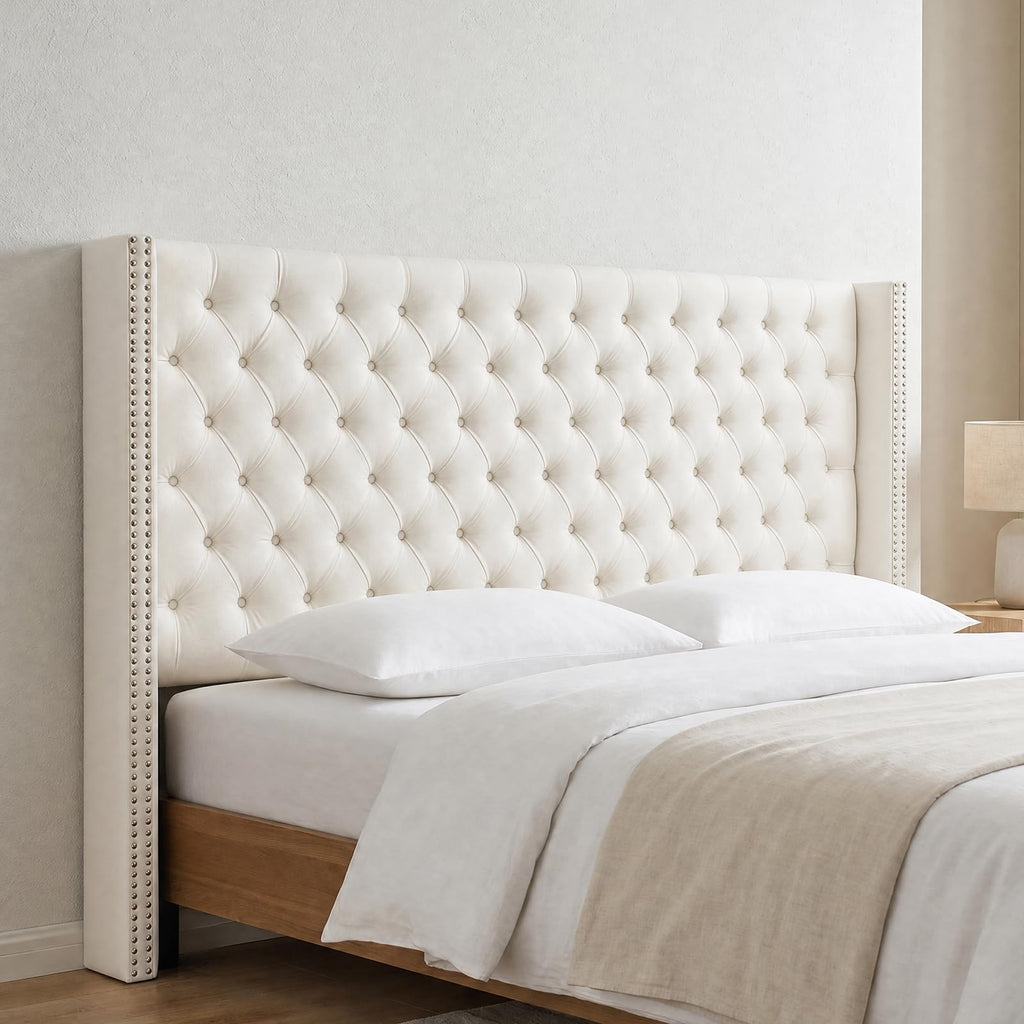 Madison Park Amelia Upholstered Headboard | Nail Head Trim Wingback Button Tufted | Queen, Cream
