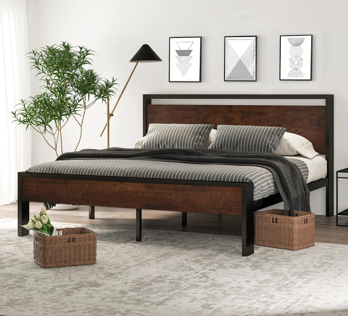SHA CERLIN 14 Inch Full Size Metal Platform Bed Frame with Wooden Headboard and Footboard, Mattress Foundation, No Box Spring Needed, Large Under Bed Storage, Non-Slip Without Noise, Walnut