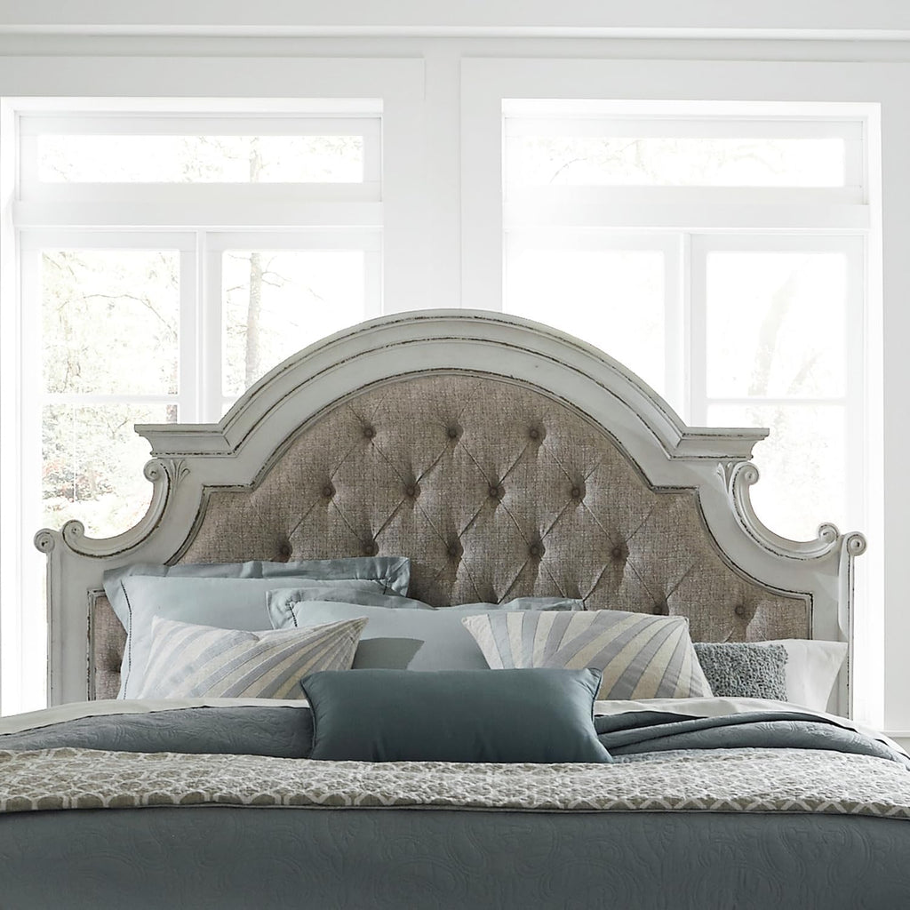 Liberty Furniture Magnolia Manor Queen Upholstered Panel Headboard European Traditional Bedroom - Antique White & Weathered Bark Oak Wood