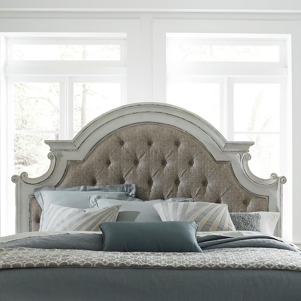 Liberty Furniture Magnolia Manor Queen Upholstered Panel Headboard European Traditional Bedroom - Antique White & Weathered Bark Oak Wood