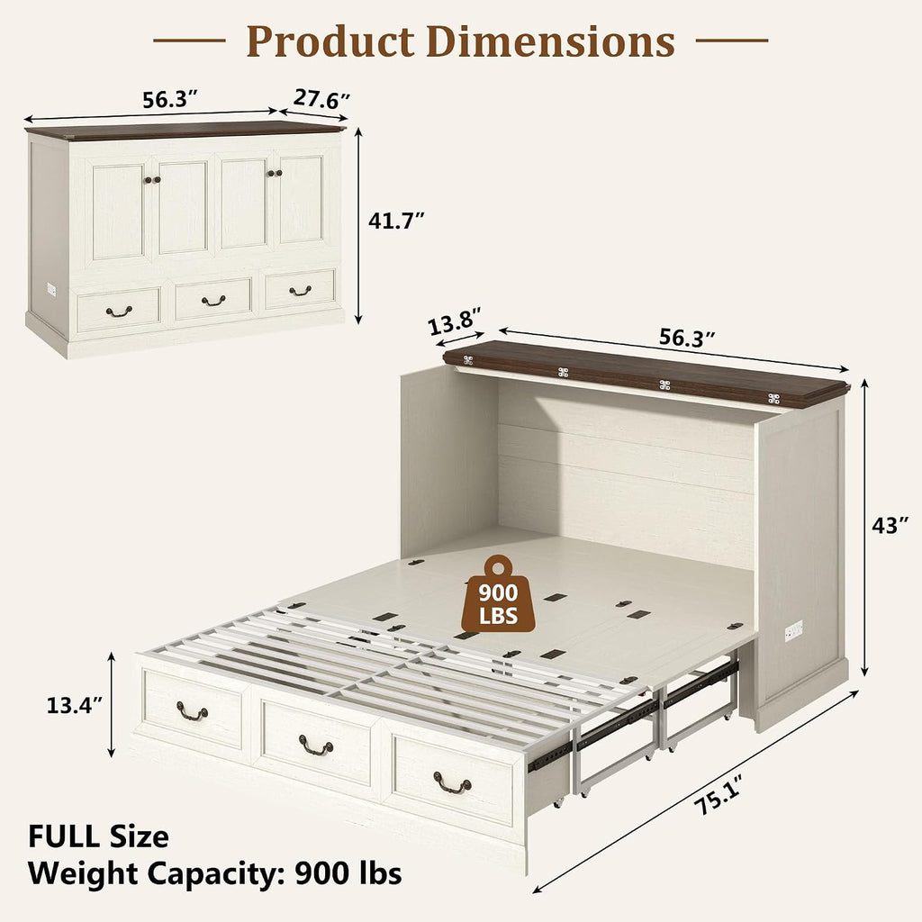 St.Mandyu Full Murphy Bed with Storage Drawers, Farmhouse Folding Bed Chest with Charging Station, Hideaway Beds with Foldable Panel for Guest Bedroom, Living Room, Office, Distressed White