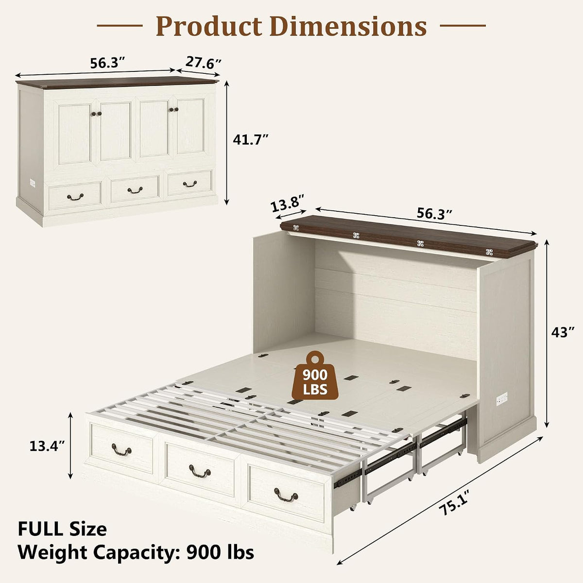 St.Mandyu Full Murphy Bed with Storage Drawers, Farmhouse Folding Bed Chest with Charging Station, Hideaway Beds with Foldable Panel for Guest Bedroom, Living Room, Office, Distressed White
