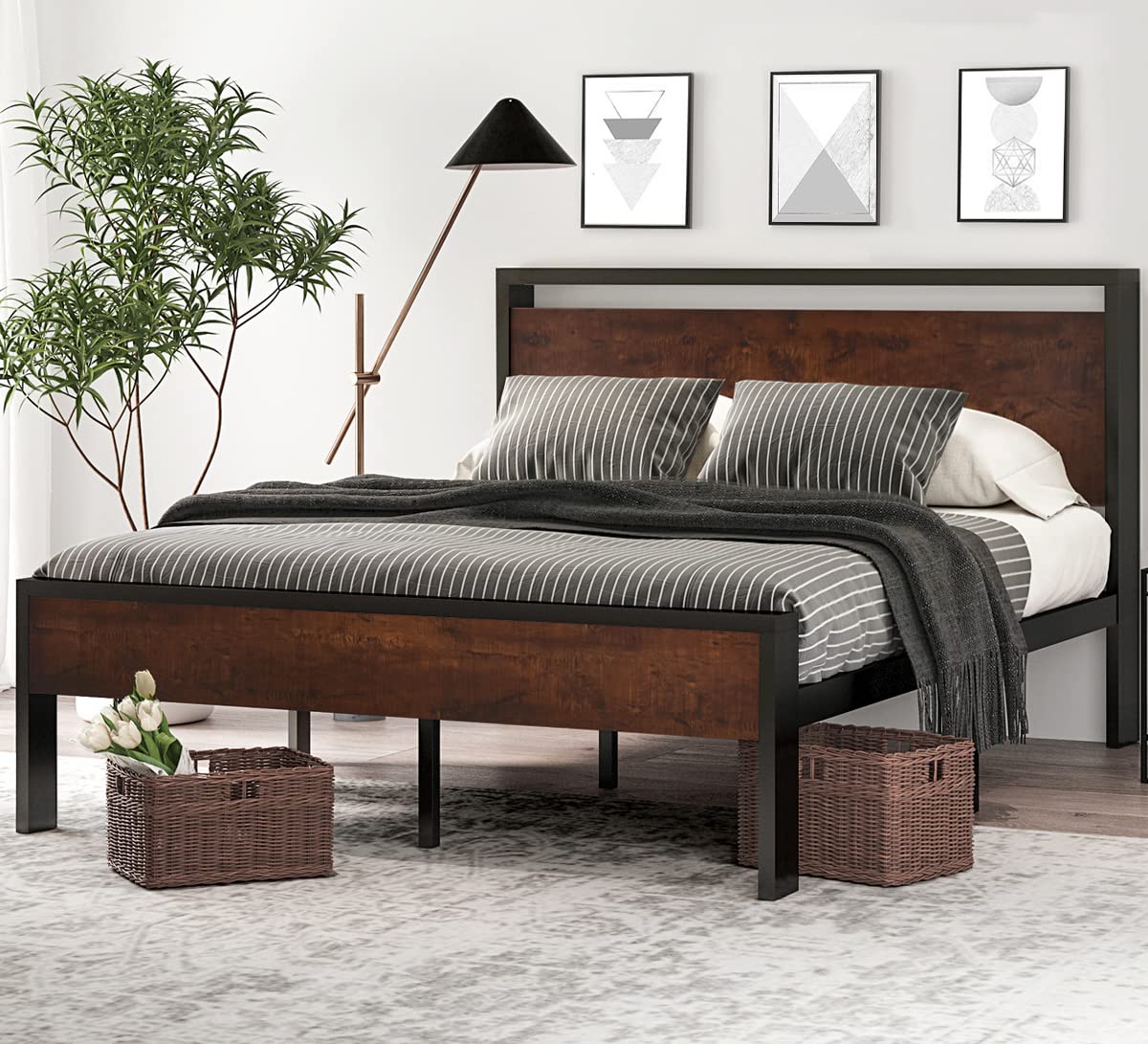 SHA CERLIN 14 Inch Full Size Metal Platform Bed Frame with Wooden Headboard and Footboard, Mattress Foundation, No Box Spring Needed, Large Under Bed Storage, Non-Slip Without Noise, Walnut