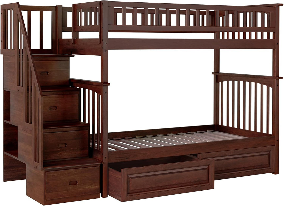 AFI, Columbia Staircase Bunk Bed Twin Over Twin & Raised Panel Bed Drawers, Walnut