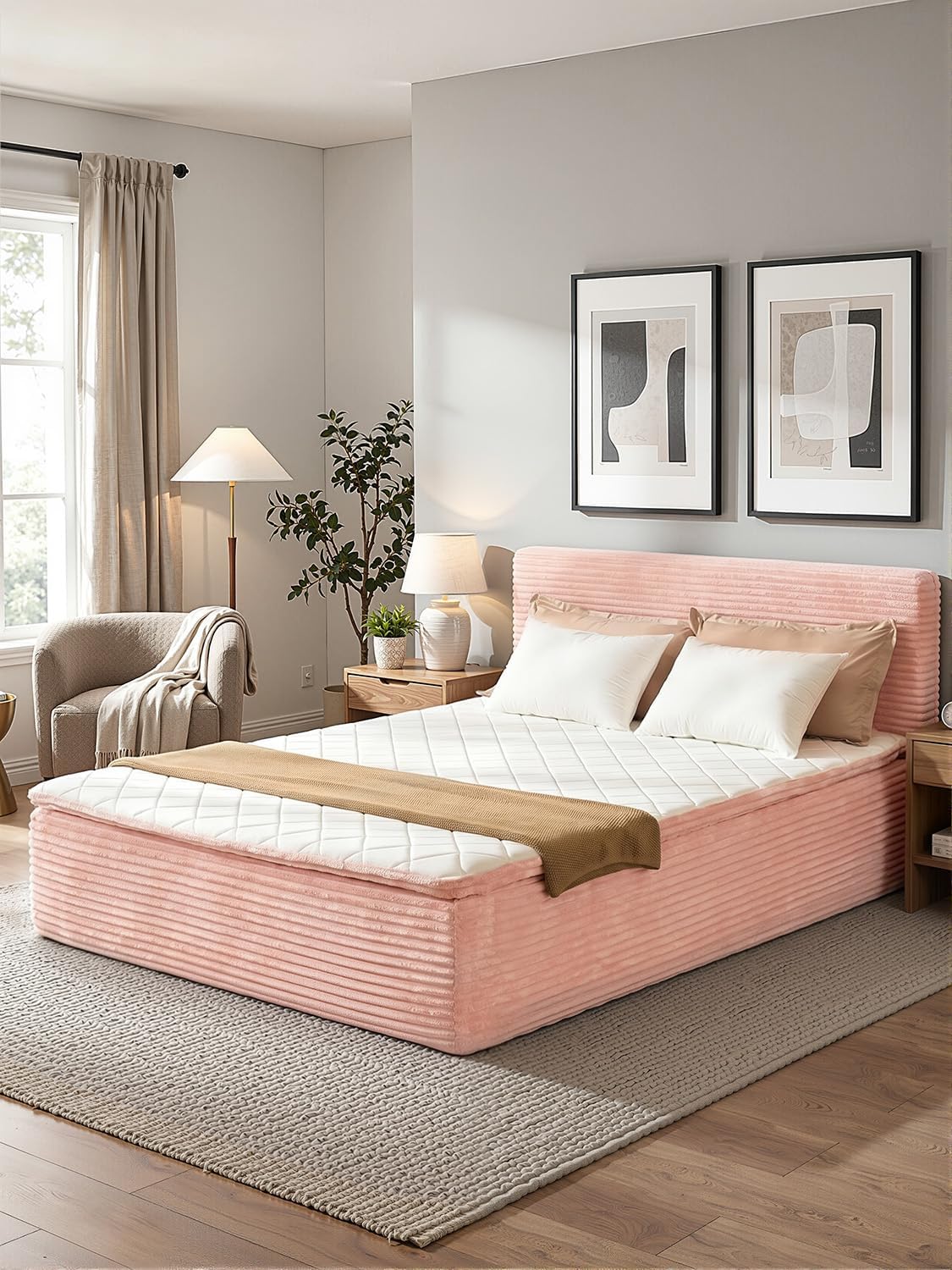 Boneless Queen Bed Frame with Mattress, No Assembly Required, 16 Inch Memory Foam Mattress with Plush Fabric Upholstered Bed Frame Platform, Medium Support Cloud Bed, Pink