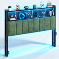 VINGLI Chenille Green Queen Size Headboard for Bed with Storage Bookcase, Upholstered Head Board with Charging Stations and LED Lights, 2 Tier Shelves and Pegboard,Height Adjustable