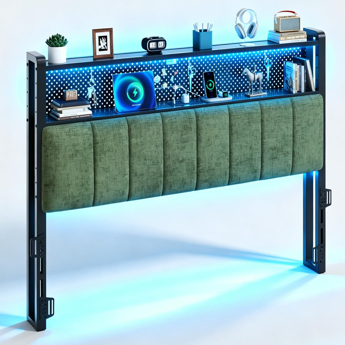 VINGLI Chenille Green Queen Size Headboard for Bed with Storage Bookcase, Upholstered Head Board with Charging Stations and LED Lights, 2 Tier Shelves and Pegboard,Height Adjustable