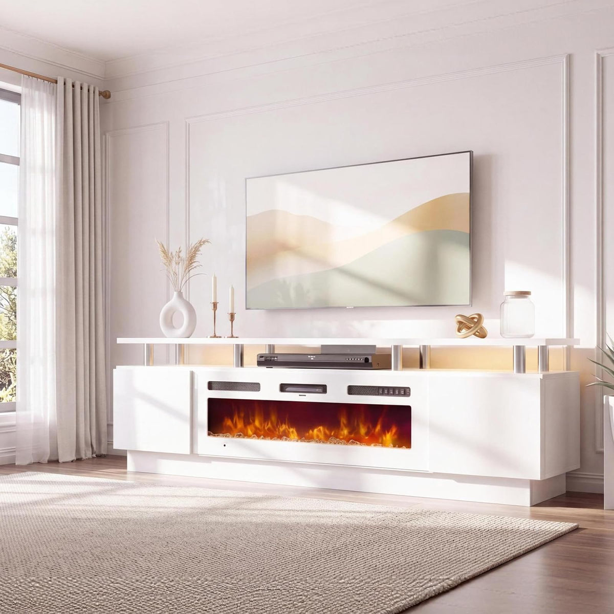 70" TV Stand for Living Room, Modern Entertainment Center & Media Console, Fits TVs up to 80", Storage Cabinet with Shelves, 36" Electric Fireplace with LED Flame (All Black)