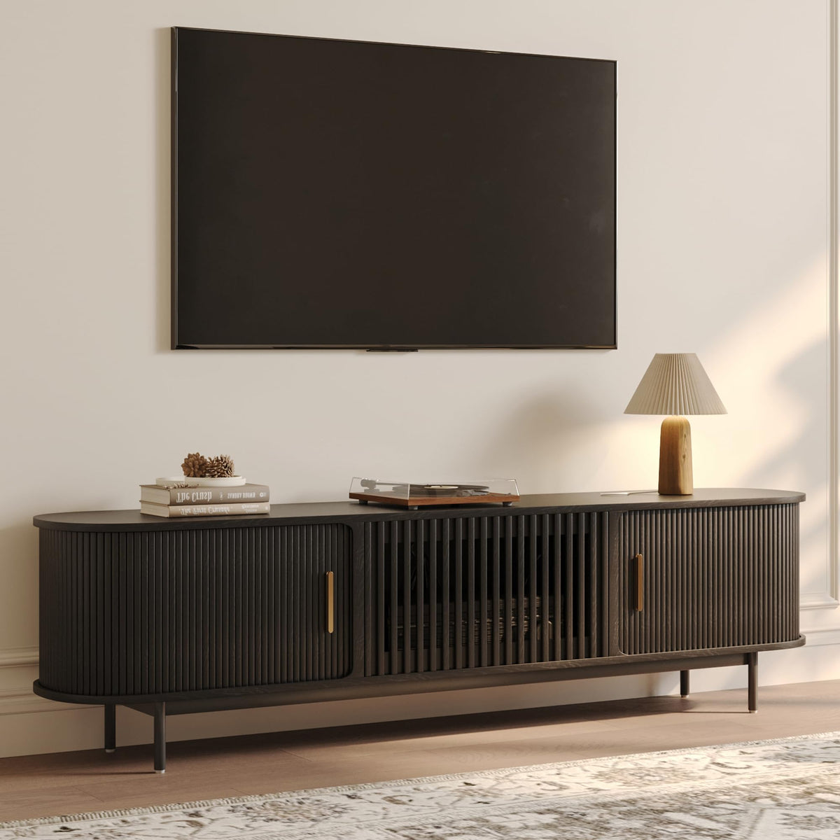 POVISON 70.87" Wood Fully-Assembled Sliding Tambour Door TV Stand, Walnut