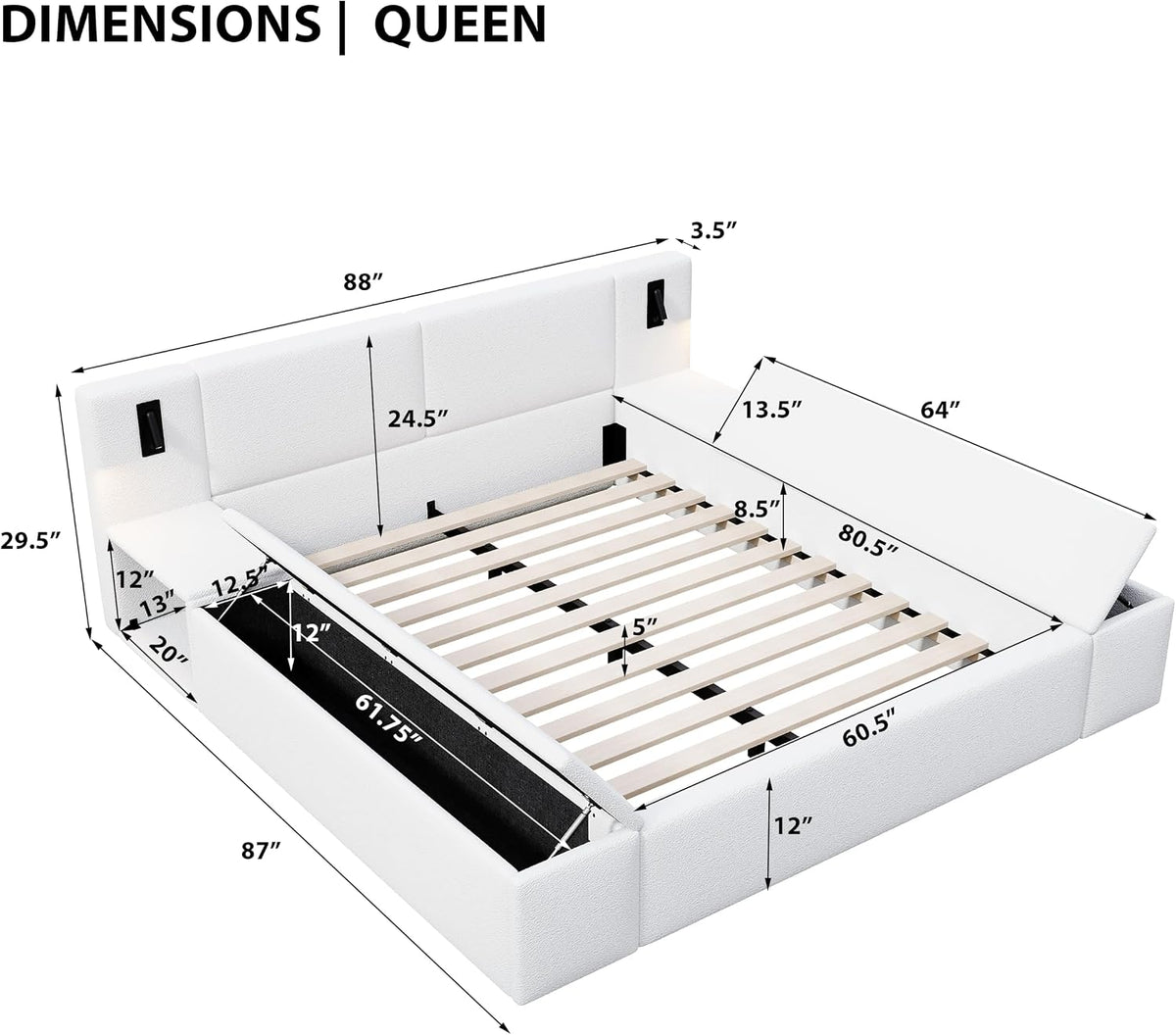 Merax Bouclé Upholstered Platform Bed with Headboard, Hidden Storage,White
