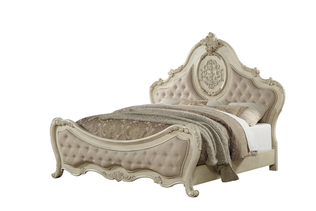 ACME Ragenardus Queen Bed - 27010Q - Beige Linen & Antique White
