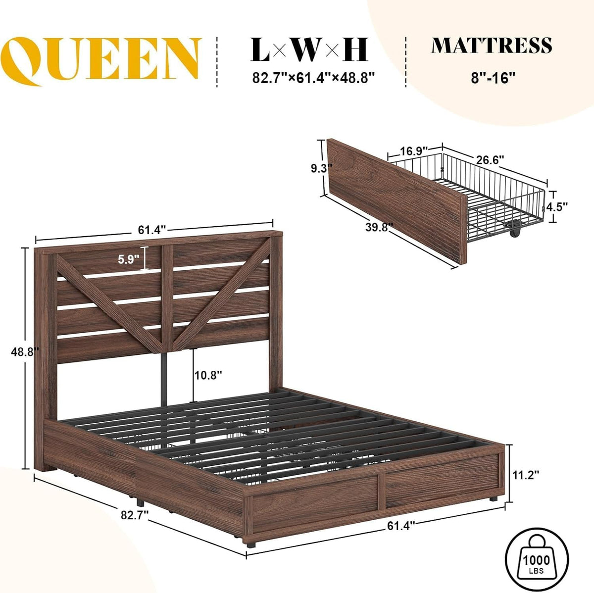 AMERLIFE Queen Size Farmhouse Bed Frame with 4 Storage Drawers